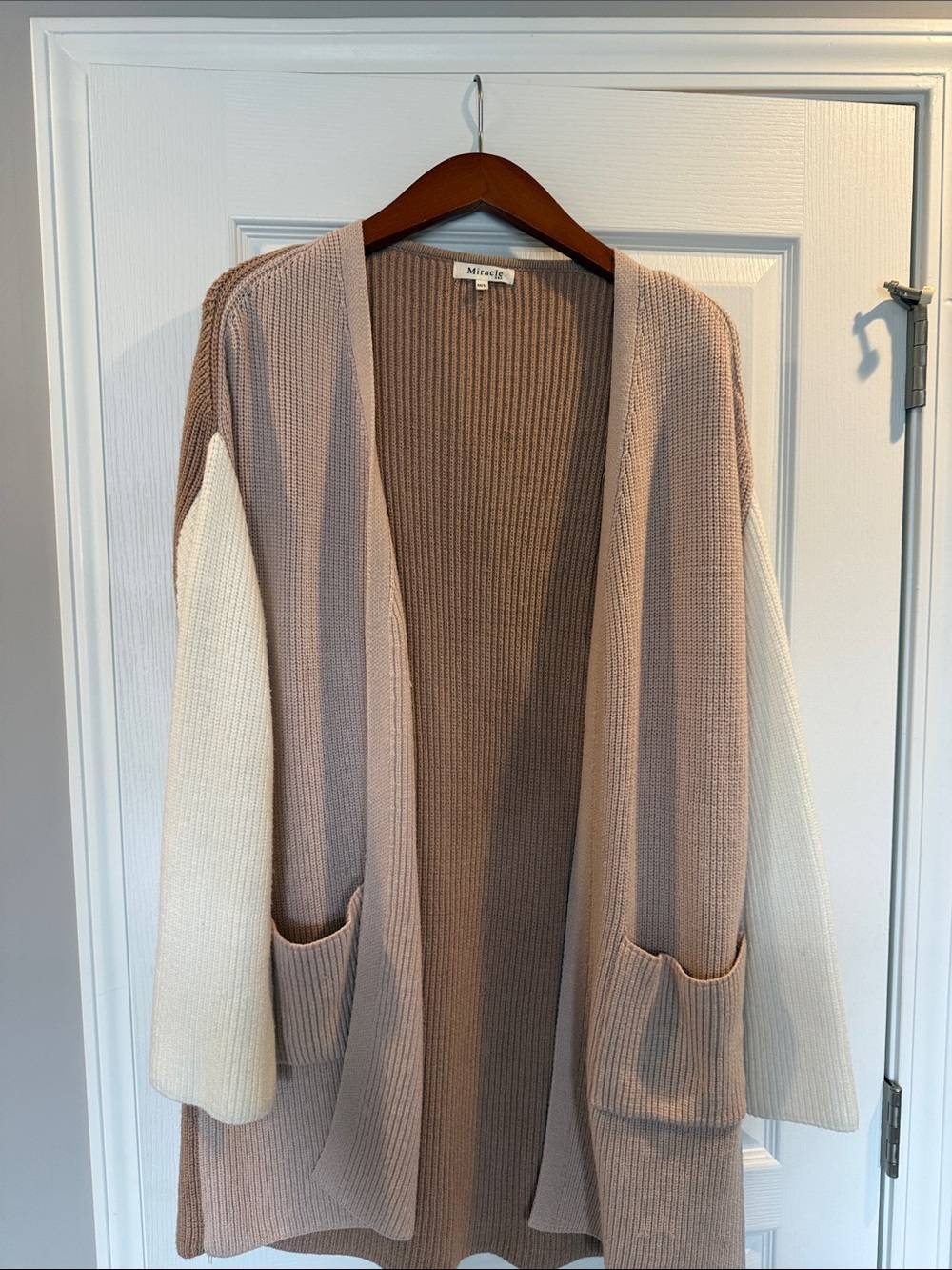 Miracle Taupe & Cream Open-Front Ribbed Women's Cardigan